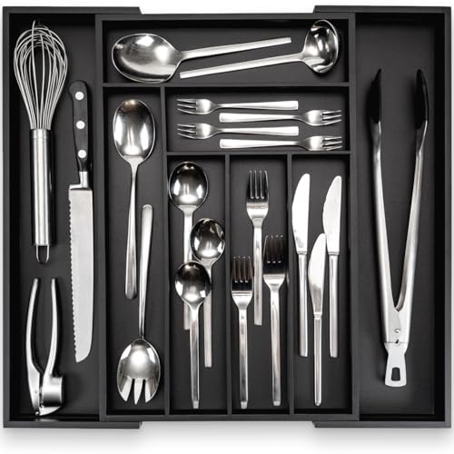 budu Range-couverts #47 (profondeur 47 cm) en bambou – Noir - Système de rangement de tiroirs pour la cuisine – Range-couverts pour tiroirs en bambou – Extensible – Organiseur de cuisine…