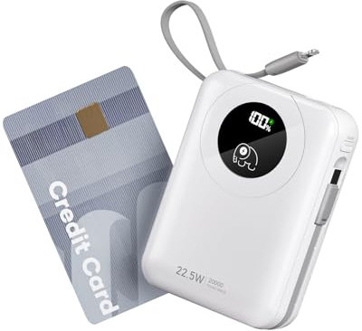 20000mAh Batterie Externe avec Câble intégré : 22.5W Power Bank à Charge Rapide pour téléphone Portable, Batterie USB C (Input & Output), Chargeur Portable avec 4 Sorties et 2 entrées