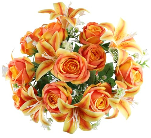2 Set Artificial Cemetery Flowers with Grave Vase-2 Bunches Lilies & Rose Mixed Orangish Yellow Silk Memorial Flowers-2 Cemetry Vase with Foam for Outdoor Headstones Gravesite Graveyard Decorations