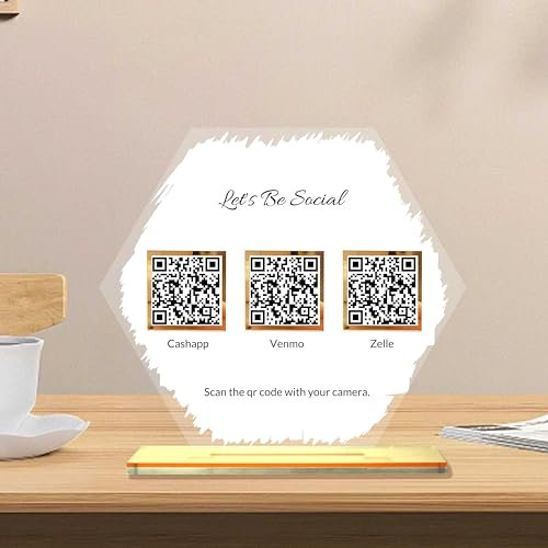 Pahdecor Sechseckiges QR-Code-Schild – 25,4 x 22,9 cm, personalisiertes Social Media Cash App, Vemon-Schild, Acryl, benutzerdefiniertes QR-Code-Schild, Ständer, Scannen zum Bezahlen von QR-Code,