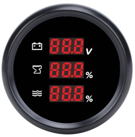Jauge de Niveau D'eau des Eaux Usées, Tension Numérique 52mm, Rétro-éclairage Rouge, Connexion Sécurisée pour Bateau, Yacht, Camping-car (Cadran noir Lunette noire)