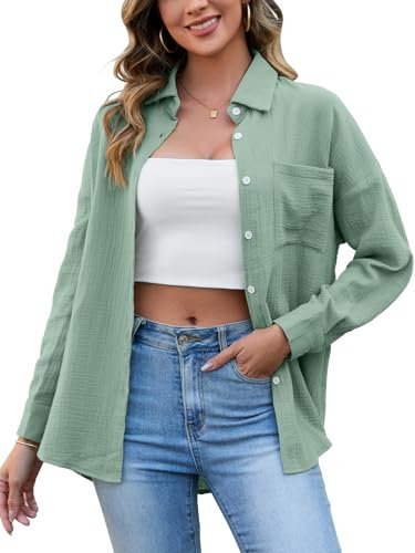 HAPYWER Musselin Bluse Damen Baumwolle Oversize-Bluse Langarm Longbluse Leichte Sommerbluse Locker Hemdbluse Modern Oberteile Langarmshirt Blusenshirt(Grün,L)
