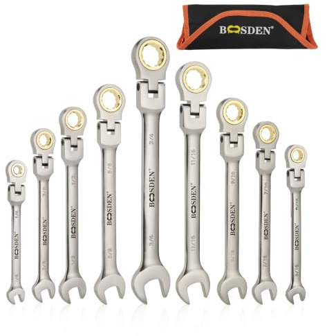 BOOSDEN Juego de llaves de trinquete de 9 piezas, juegos de llaves combinadas de trinquete de cabeza flexible con bolsa enrollable, SAE 1/4-3/4 pulgadas para el hogar, garaje, reparaciones de