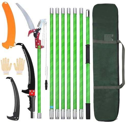 Hanured Seghetto per Potatura Manuale Asta Estensibile 8M, Segaccio per Potatura con Borsa Portaoggetti e 2 lame, per Tagliare Rami Alti, Palma