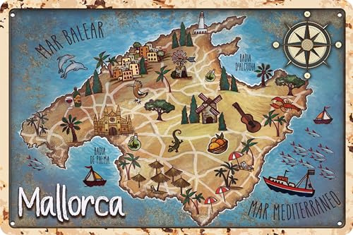 LUCKYLINDE Cartel de chapa resistente a la intemperie, placa de pared, placa para puerta, mapa de Mallorca, decoración de mapas, 14 x 20 cm