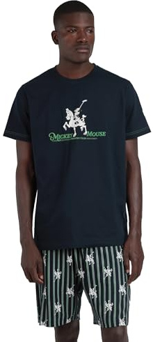 Disney Pijama Hombre Manga Corta Mickey Social Club en Algodón, Cuello Redondo y Pantalón Corto a Rayas con Cinturilla Ajustable, Camiseta con Relieve Color Marino Talla L