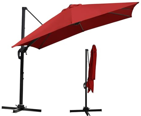 Tubiaz Sonnenschirm Ampelschirm 300 x 300 cm rechteckig Gartenschirm mit Kurbe 360° Drehbar und Kippbar,Terrassenschirm Sonnenschutz UV50+ Aluminium Marktschirm für Garten,Terrasse,Rot