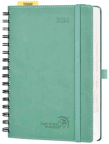 POPRUN Kalender 2026 Tagesplaner Softcover 21,5 x 14,5 cm (Jan.2026-Dez.2026), Tageskalender Ringbuch 1 Tag 1 Seite (Montag - Sonntag) mit PU-Leder, Monatliche Registerkarten - Mitternachtsgrün