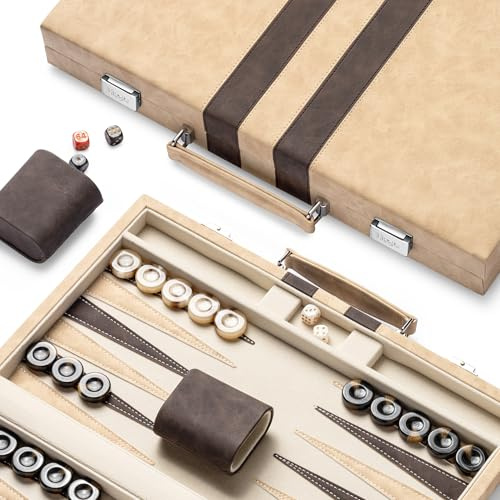 Lingle Jeux de Backgammon de 38cm pour Adultes, Jeu de société Classique avec étui de Backgammon Pliable en Simili Cuir, Ensemble de Voyage Portable (Brown)