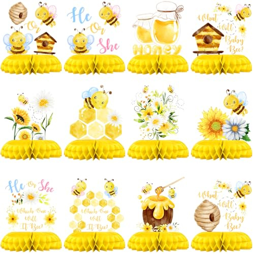 What Will It Bee Gender Reveal Table Centerpieces – 12PCS Yellow Bee Baby Shower Decorations for He or She Party, Honey Bee Gender Neutral Baby Reveal Supplies