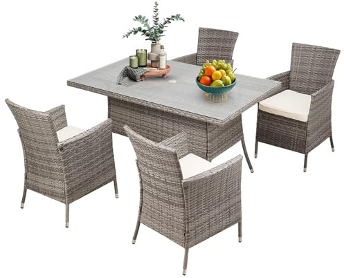 Warmiehomy Rattan Garden Table and Chairs Set 5 Pieces Garden Dining Set 120x80cm Rectangular Patio Table with Parasol Hole Tempered Glass Top and 4 Seater Wicker Armchairs with Seat Cushions, Grey