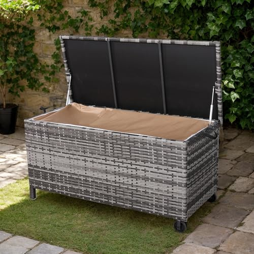 Rattan park Bac Rangement Exterieur et Coffre de Jardin Étanche avec Ressort Pneumatique, Couvercle en Polycarbonate Renforcé et Roulettes pour Intérieur et Extérieur (Grey, 122x56x61cm 417L)