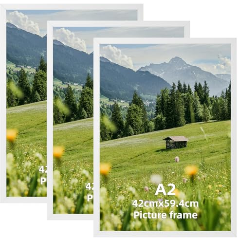 Hoikwo 3 Stück Bilderrahmen A2 Weiß, Klassischer weißer Fotorahmen 42x59,4 cm Perfekt für Poster & Kunstdrucke - Nur für Wandmontage