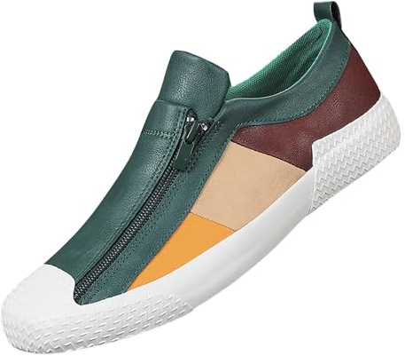 Chaussures pour hommes Patchwork Chaussures en cuir Toile Chaussures plates Pieds larges Chaussures de course avec fermeture éclair Chaussures pieds nus avec dessus en cuir Semelle souple Mocassins