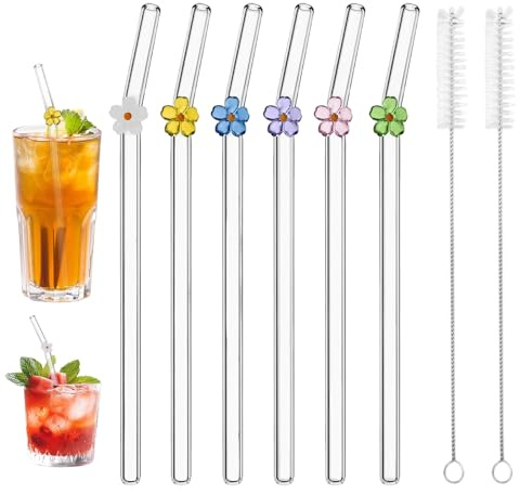 6 pajitas de cristal reutilizables, pajitas de cristal curvadas con 2 cepillos de limpieza para batidos, batidos, zumos, té (estilo 2)