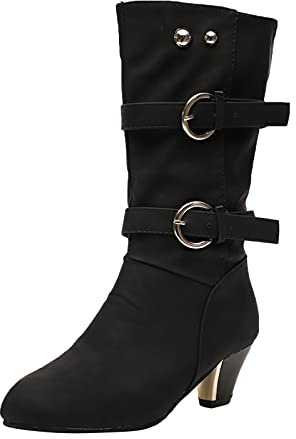 Stivali alti da donna con tacco - stivaletti in pelle da donna con gambo ampio Stivali in pizzo con fibbie Stivali alti con tacco a blocco, stivali da mezza stagione vintage da cavaliere, Nero , 37 EU