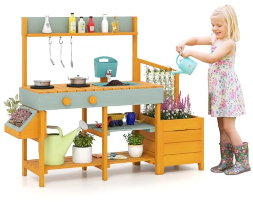 COSTWAY Cuisine Extérieure Enfant avec Jardinière & Treillis, Cuisine Enfant en Bois avec Robinet & Bac à Eau, Évier Amovible, Cuisinières, Étagères, Accessoires pour 3 à 8 Ans (Orange)
