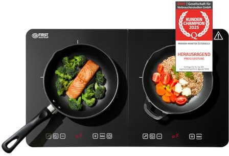 TZS First Austria - Piastra a induzione doppia 3500W - Piano cottura vetroceramica 2 fuochi - 10 livelli di potenza, timer, blocco bambini, LED, comandi touch, protezione surriscaldamento - portatile