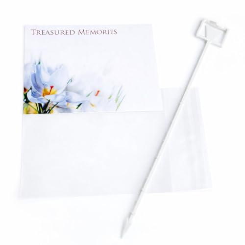ShredAstic®️ Florist Message Card Funeral flowers Set - 1 large card 12.5 x 9cm / 1 clear cello self seal bag weatherproof / 1 card holder cardette (Treasured memories)