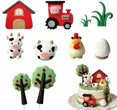 10-Piece Farm Animals Cake Decoration Set - 3D Animal & 2D Scene Cake Toppers for Baby Shower Birthday Party