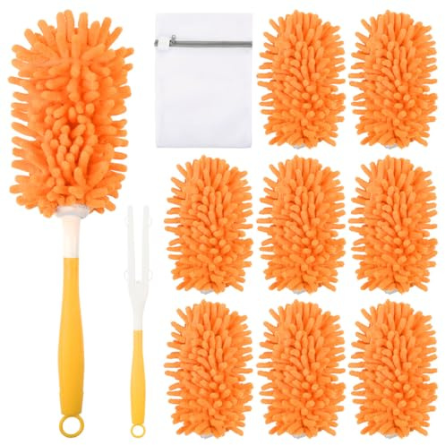 DODUOS 8 Plumeros Lavables,360° Reutilizables Plumero Naranja,Plumero Chenilla Lavable con Mango y Bolsa de Lavandería,Dusters Lavable para Quitar el Polvo y el Pelo