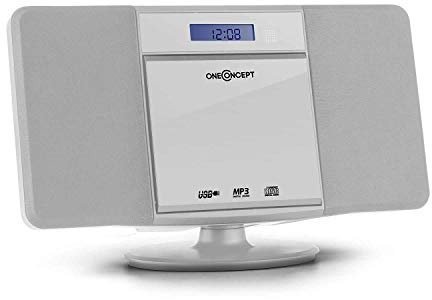Oneconcept V-13-BT - mini impianto stereo compatto, Bluetooth, lettore CD MP3, display LCD, porta USB MP3, AUX-In, radio VHF, sveglia, telecomando, Bass boost, moderno Line 4 Bianco Fumo