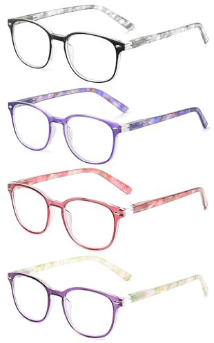 JM 4 Pack Gafas de Lectura Cuadrados, Cómodas Gafas Presbicia Para Mujer, Bisagra de Resorte Color Mixto +3.0