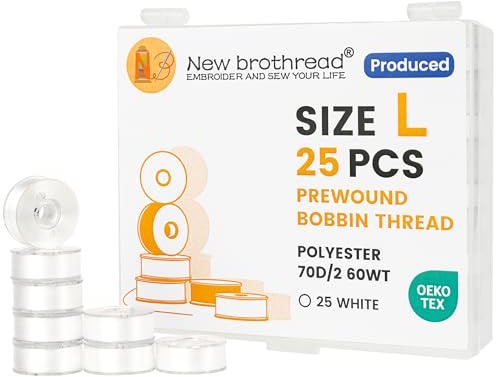 New brothread 25pcs Typ L Größe (SA155) Weiß Vorgewickelten Spulen Unterfaden Kunststoffseite für Spezifiziert Stickerei und Nähmaschinen - 60wt