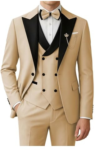 SPTALLFITJSV Black and Champagne Suits for Men Mens 3 Piece Suit Slim Fit Wedding Party Prom Men Tuxedo Suit Set, Small