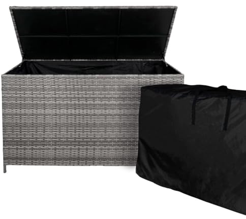 Rattan Garden Storage Grey Box & Waterproof Carry Bag Large Cushion Blanket Tools Toys Furniture Chest 582L Outdoor Patio Deck Steel Frame UV & Weather Resistant Gas Assisted Lift Lid Portable Wheels