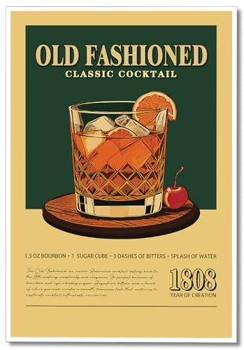 Anslipswar Old Fashioned Cocktail Print Poster, Retro Classic Cocktail Bar Cart Canvas Wall Art, Vintage Alcohol Whiskey Pictures for Wall Decor, Kitchen Home Bar Cart Club Decor 12x16in Unframed