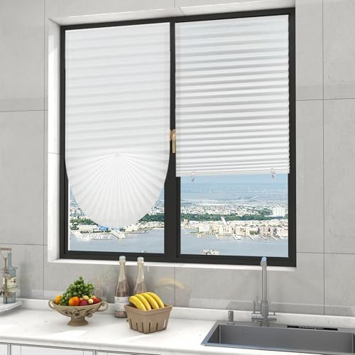 Ajadeblind No Tools Original Plissee-Rollos, temporäre Fensterblenden, schnurlose Lichtfilterung, plissiert, Papierschirme, einfach zu schneiden und zu installieren (6, Weiß, 91,4 x 182,9 cm)