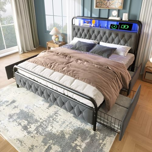 Polsterbett 160x200 mit LED und USB, Doppelbett mit 4 Stauraum Schubladen, Polster Kopfteil mit Regal, Stauraumbett Metallbett Jugendbett Bettgestell, Samtstoff (Grau, Ohne Matratze, 160×200 cm)