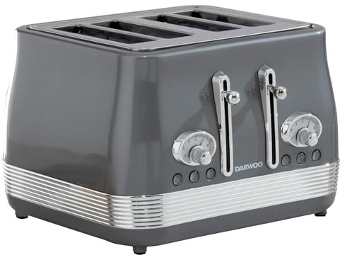 Daewoo Denver 4 Slice Toaster – Smoked Grey, Retro Vintage Design, Wide Slots, Defrost, Reheat, Cancel Functions, Browning Control, Removable Crumb Trays – Ideal for Family Kitchens