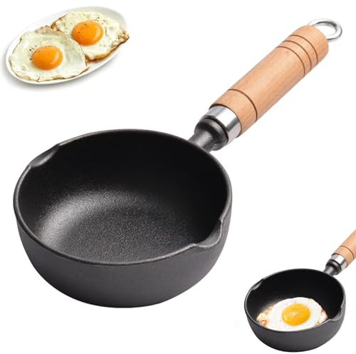 RANJIMA Padella in ghisa piccola per uova fritte, 11 cm, mini padella in ghisa, con manico, portatile, in ghisa, piccola padella per omelette, per campeggio, cucina
