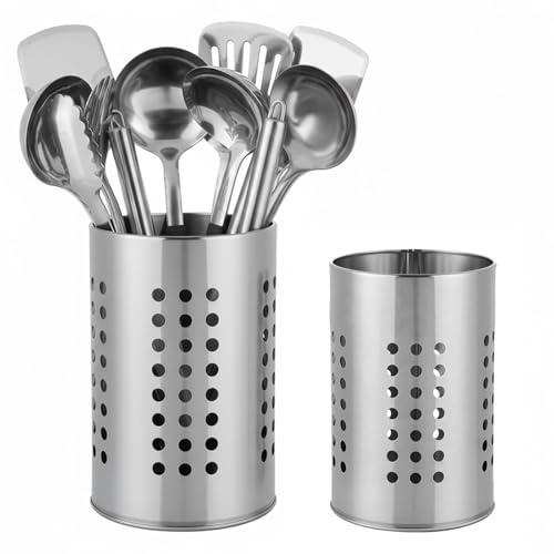 Dulynva 2 Stück Küchenutensilienhalter Edelstahl Behälter für Küchenutensilien Utensilienhalter Küche Besteckabtropfkorb Küchentheke Runden Besteckständer für Arbeitsplatte Aufbewahrung (Silber)