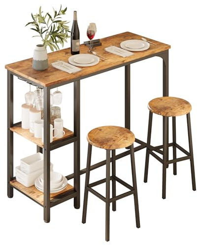 Blishom Set da bar, set da bar 3 pezzi con 2 sgabelli da bar, tavolo da bar per cucina con 2 ripiani e porta bicchieri, tavolo da pub multiuso per soggiorno e sala da pranzo (Retrò)