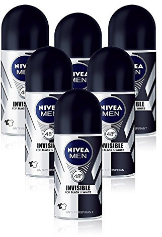 Nivea Men, deodorante invisible Black & White, antitraspirante, 48h, roll-on, 50 ml, confezione da 6