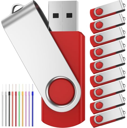 FEBNISCTE Speicherstick 2GB 10 Stück USB Sticks Einklappbar mit Drehgelenk | 2 GB USB-Sticks Rote USB 2.0 Flash Laufwerke Daten-Speicherung mit Kabel Pendrive für Werbegeschenke