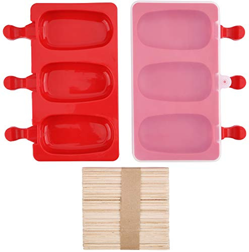 Mirenlife 3 Cavities Silicone Popsicle Molds with Lid, BPA Free Homemade Ice Cream Bar Mold Ice Pop Molds DIY Cakesicle Molds Silicone with 50 Wooden Sticks, Set of 2 (Oval)