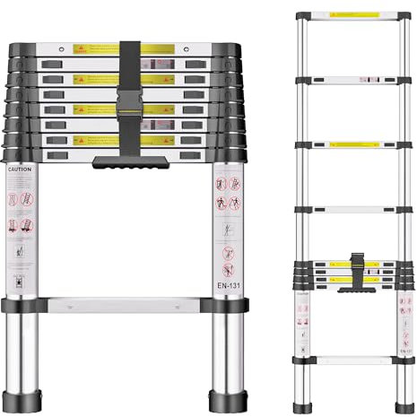 Telescopic Ladder, 2.6M Stainless Steel Thickened High-Strength Loft Ladder, Portable Ladders Extendable with Non-Slip Feet Adjustable Height for Roof Attic Caravans