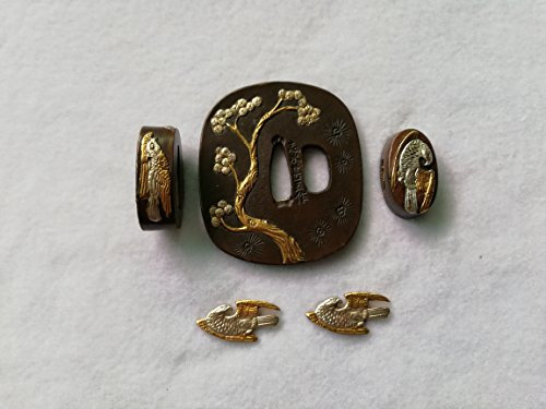 boyu Japanese Sword (SEPPA-HABAKI-ITO) Gold-Plating Copper 28-36 Menuki Fuchi-Kashira Tsuba (SM34, 3.54/3.07in， 2.75/2.59in)