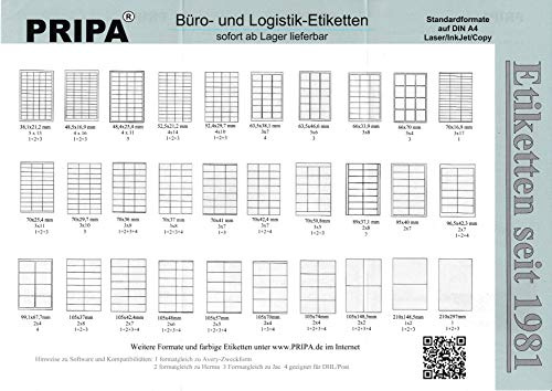 pripa Etikettenformat 70 x 42,4 mm 500 Blatt DIN A4 Selbstklebende Etiketten (500)