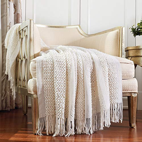 CREVENT Coperta lavorata a maglia, per divano, sedia, letto, decorazione per la casa, morbida, calda, accogliente, leggera (127 x 152 cm, panna/bianco)