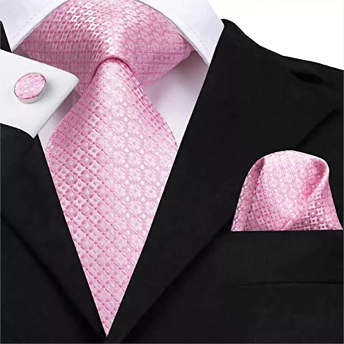 BAJIE Herren Krawatte Seidenkrawatte Rosa Karierte Krawatte Einstecktuch Manschettenknöpfe Set Herren Party Hochzeit Krawatte Set 8,5 cm breit