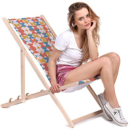 DreamRoots Liegestuhl klappbar Buchenholz, Geometric Retro | Klappliegestuhl Holz, Buchenholz, bis 130 kg, 3-fach verstellbar, waschbarer Polyesterbezug, für Garten & Terrasse