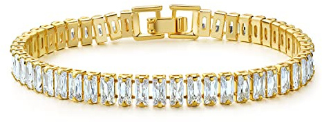 MDFUN Cubic Zirconia Tennis Bracelet,18K Yellow Gold Plated Crystals Tennis Chain for Women (Gold, 6 inches)