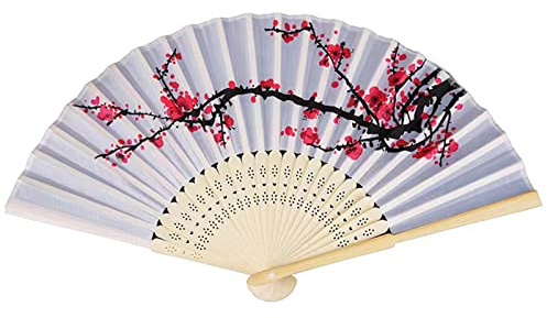 Yukiyi Handfächer für Damen, faltbar, Bambus-Fächer mit Quaste, Seidenstoff, Wanddekoration, Hochzeit, Party (Weiße Blume)