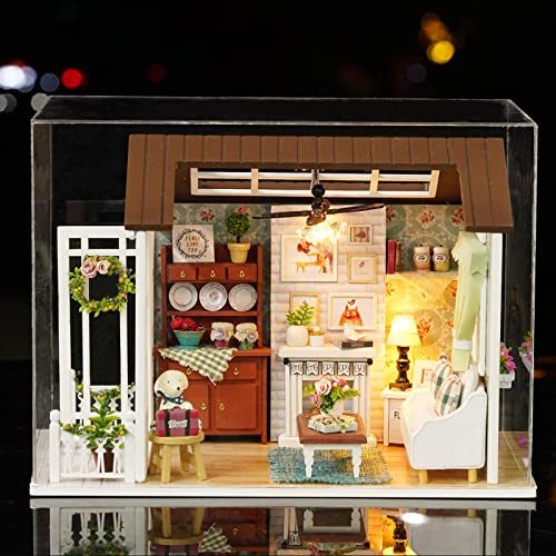 DIY Miniatur Puppenhaus Kit 1:24 Realistisches Mini 3D Holz Mini Puppenhaus-Zimmer mit Möbeln, LED Leuchten,Weihnachts Dekoration, Geburtstags Geschenk für Jugendliche, Erwachsene (Warm Cabin)