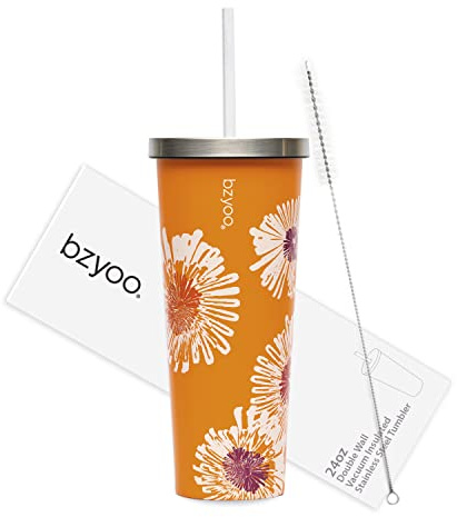 bzyoo SUP Doppelwandiger vakuumisolierter Becher mit Strohhalm und Deckel, Edelstahl-Wasserflasche, Reisebecher, Valentinstagsgeschenke für Sie und Ihn (710 ml), Farbe: Orange Precious Bloom